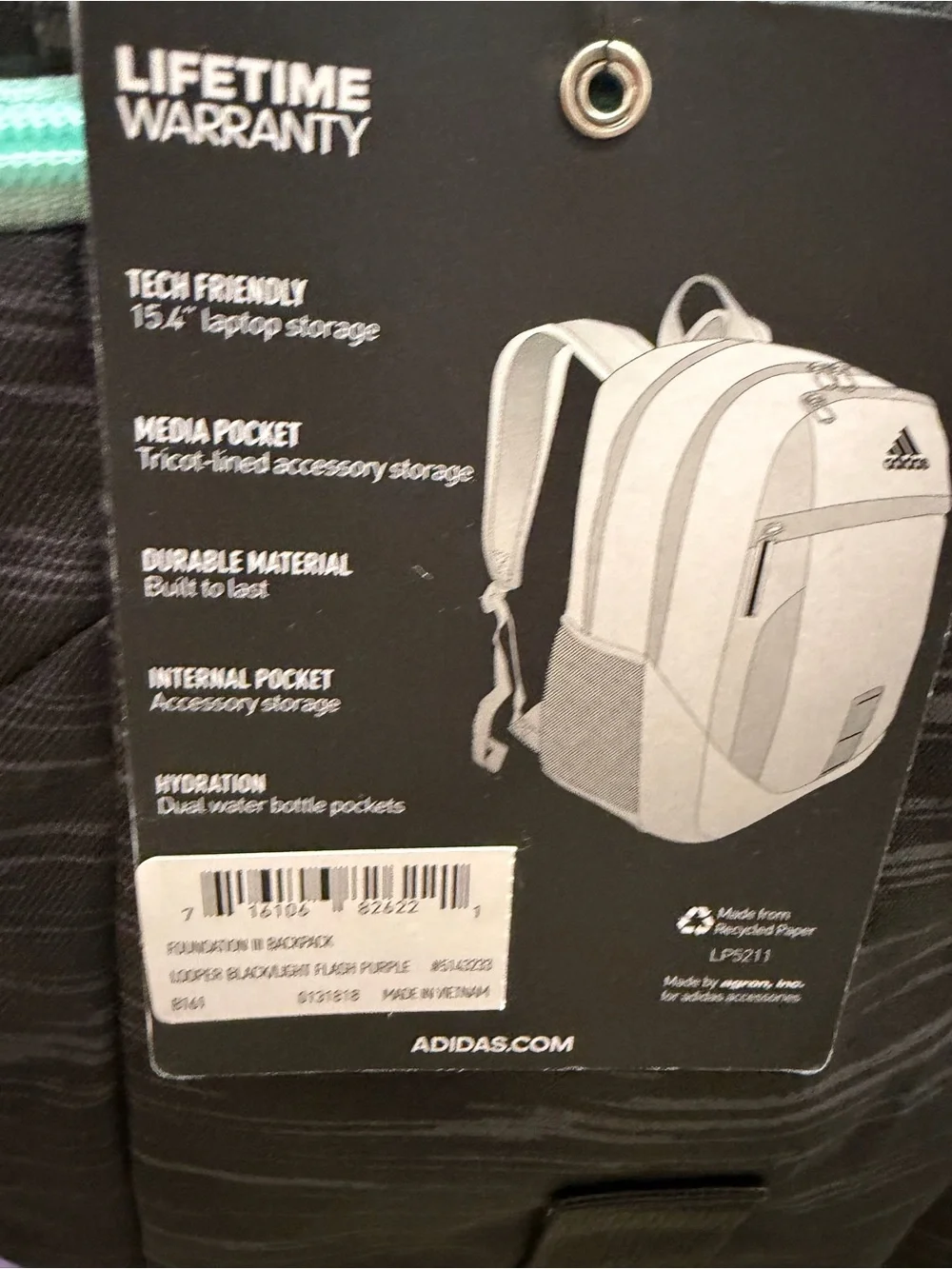 NWT Adidas Foundation ||| Black Backpack with Lavender Base and Mint Zippers